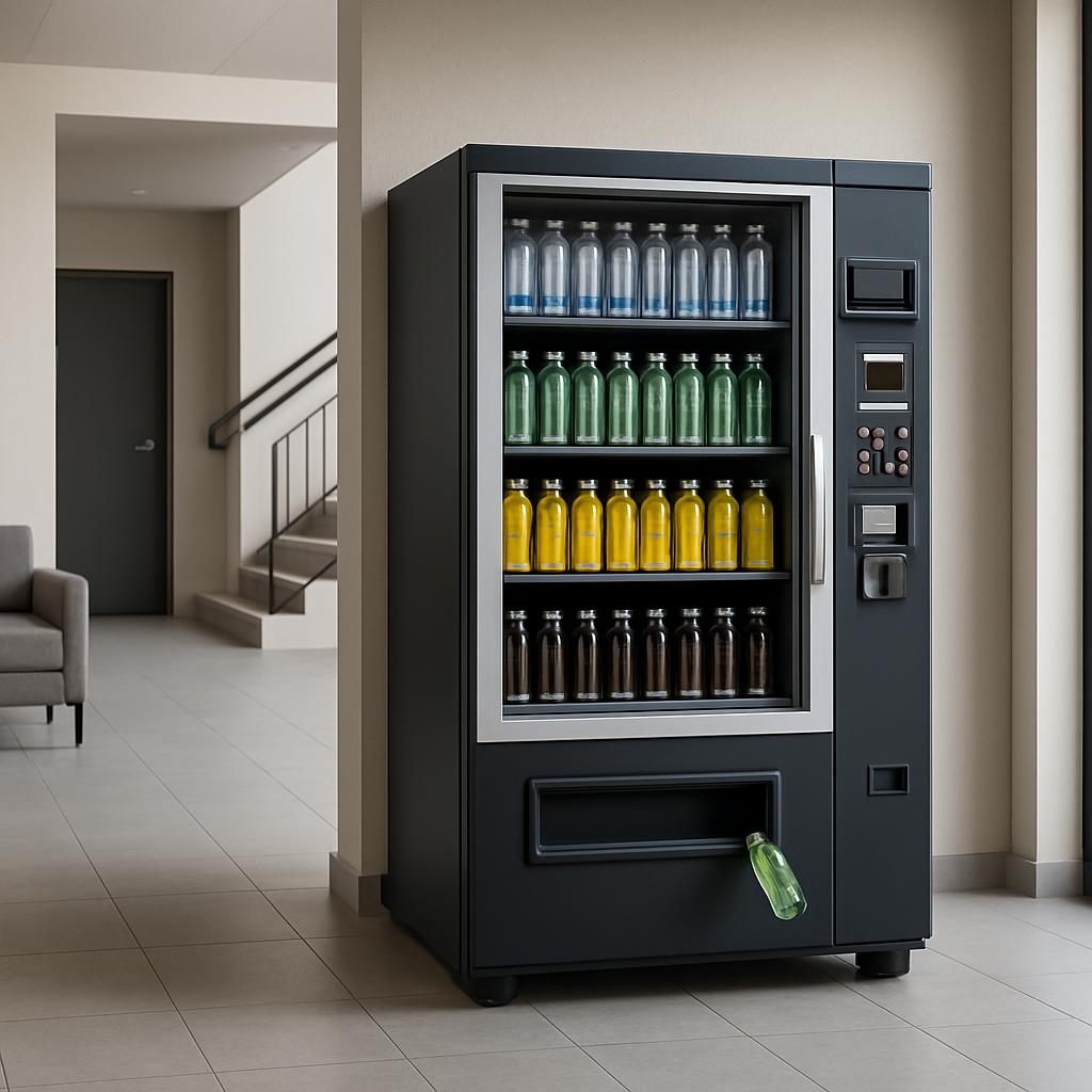 A vending machine in a public space, with rows of bottles on its shelves.